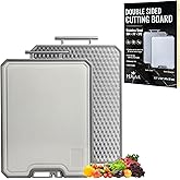 MUGAA Stainless Steel Cutting Board, Double-Sided 304 Stainless Steel & PP, Built-In Knife Sharpener, Non-Slip Juice Groove, Dishwasher Safe Steel Cutting Boards For Kitchen, Large (17.7" x 12.6")
