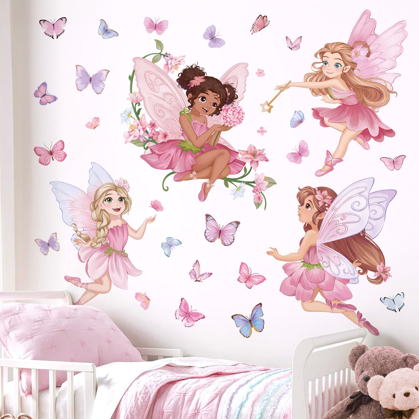wondever Pink Fairy Girls Wall Stickers Elves Flower Butterfly Peel and Stick Wall Art Decals for Girls Bedroom Baby Nursery Kids Room