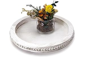 ESIE HOUZIE Wooden Tray for Home Decor, 12in White Wood Beaded Tray Decorative Round Tray for Coffee Table Decor, Living Room Decor, Kitchen Table Decor, Farmhouse Centerpiece Tray Ottoman Tray