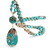 Mixcbe Boho Turquoise Agate Necklaces for Women,35/36.8 Inch Natural Stone Beaded Long Pendant Necklaces, Handmade Bohemian Fashion Chakra Chunky Statement Charm Gold Necklace Jewelry Gift