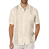 COOFANDY Mens Guayabera Short Sleeve Shirts Linen Wedding Shirt Cuban Beach Shirt Beige
