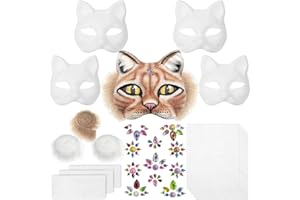 LIMECARE DIY Therian Mask Kit, Cat Mask Base with Fur, Eye Mesh, Felt Sheet & Gem Stickers for Furry Mask, White Cat Masks to Paint Therian Gear Therian Masks, Animal Mask Arts Crafts Kit