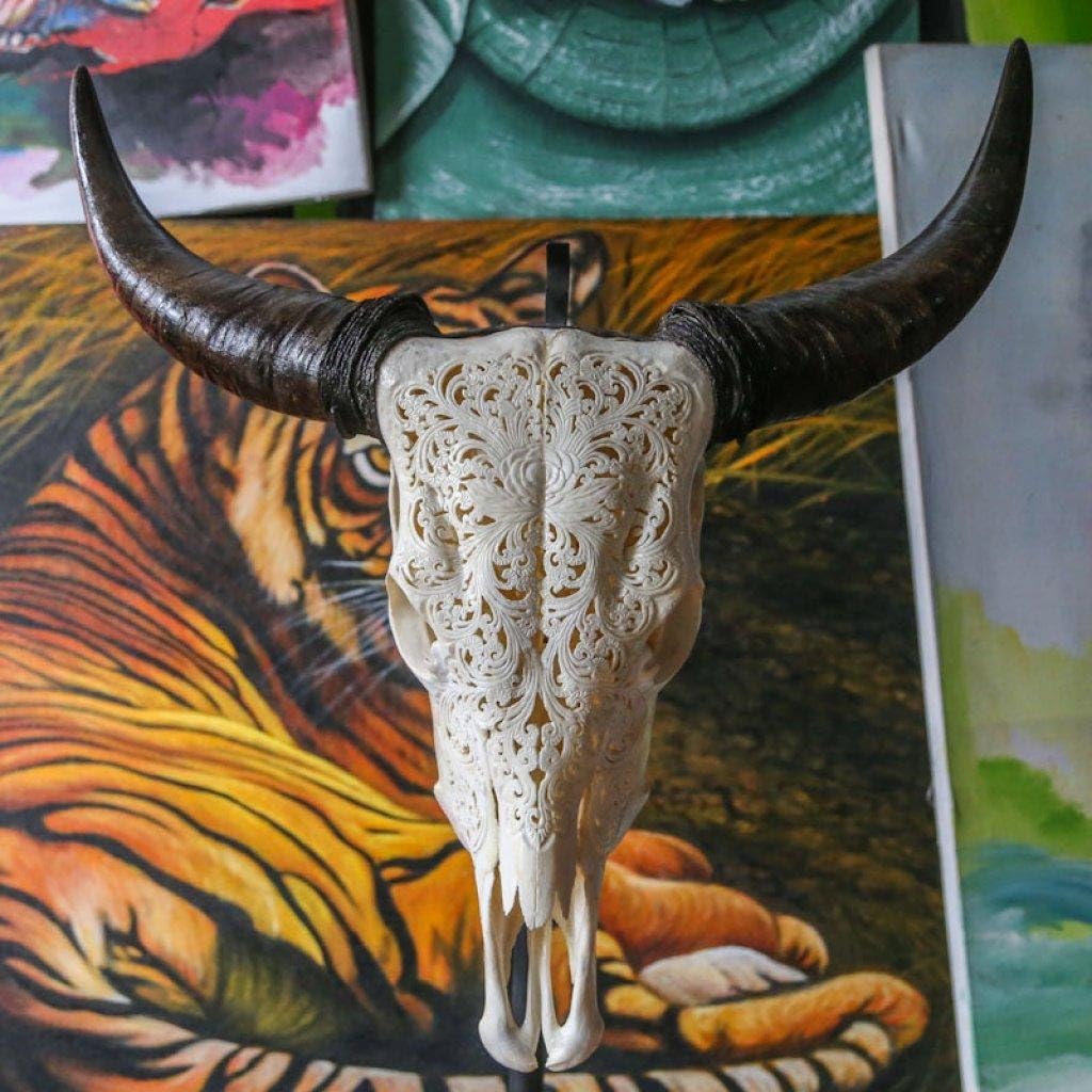 25'' Real Cow Skull with Horns & Carving - Made by SkullBliss