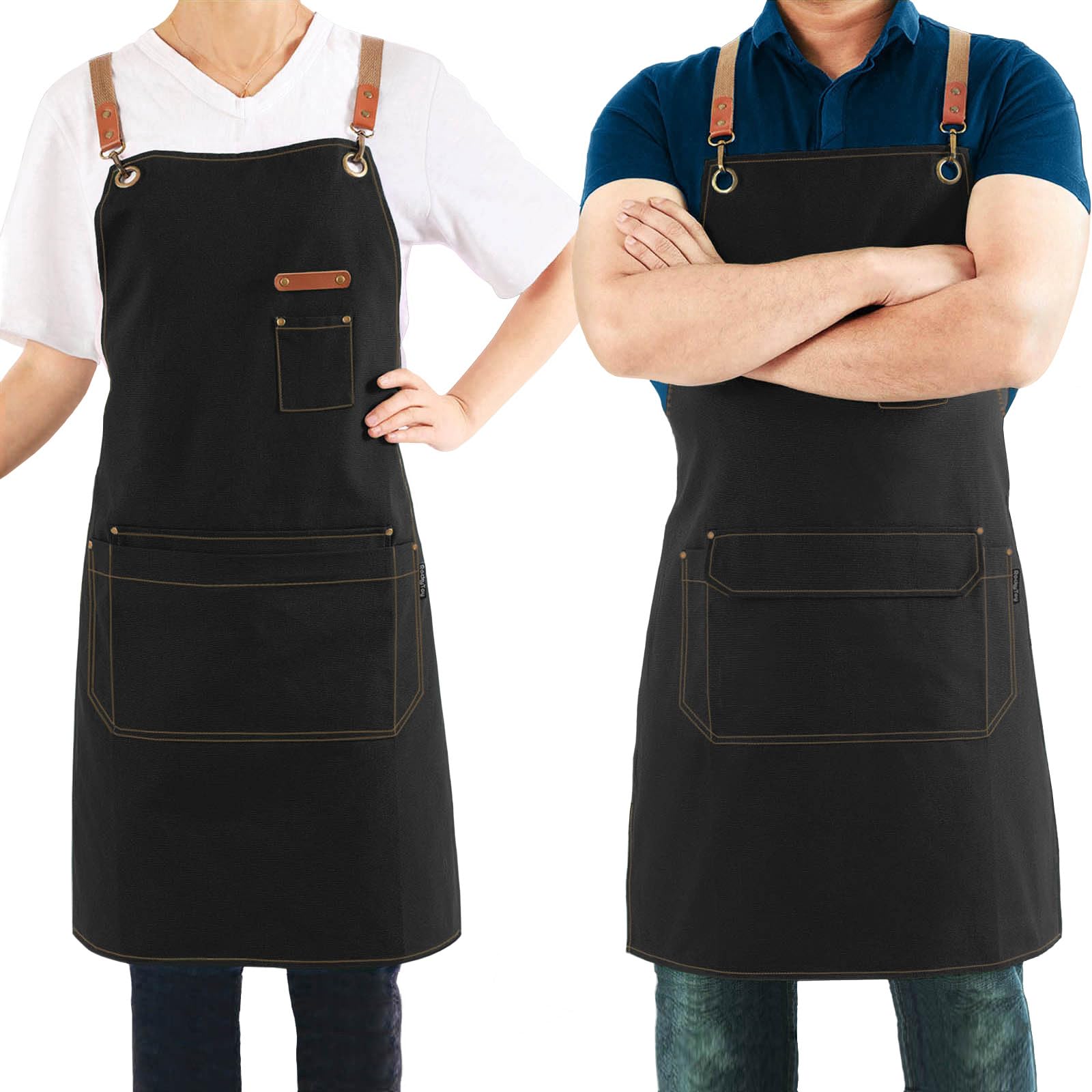 Magimate Canvas Apron with Pockets and Cross-back Straps for Chef Kitchen Cooking BBQ, Barista Bartender Barber Shop and Art Gardening Work Professional Aprons - Black