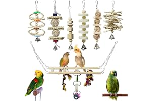 BWOGUE 7 Pack Bird Parrot Toys - Natural Wood Chewing, Climbing, Hanging & Hammock Toys for Small Parakeets, Cockatiels, Conures, Finches, Budgie, Parrots, Love Birds