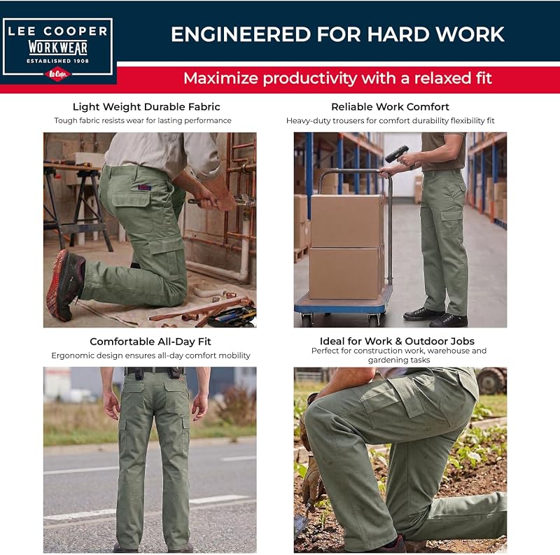 Pantalon Travail Homme Cargo 245 GSM – Workwear Résistant Multi Poches Entretien Facile, Pantalon Sécurité Coupe Droite Bouton Zip (kaki, 38W / 29L) — photo 7 sur 8