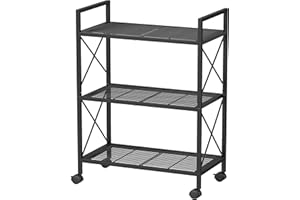 SONGMICS 3-Tier Metal Storage Rack with Wheels, Mesh Shelving Unit with X Side Frames, 23.6-Inch Width, for Entryway, Kitchen