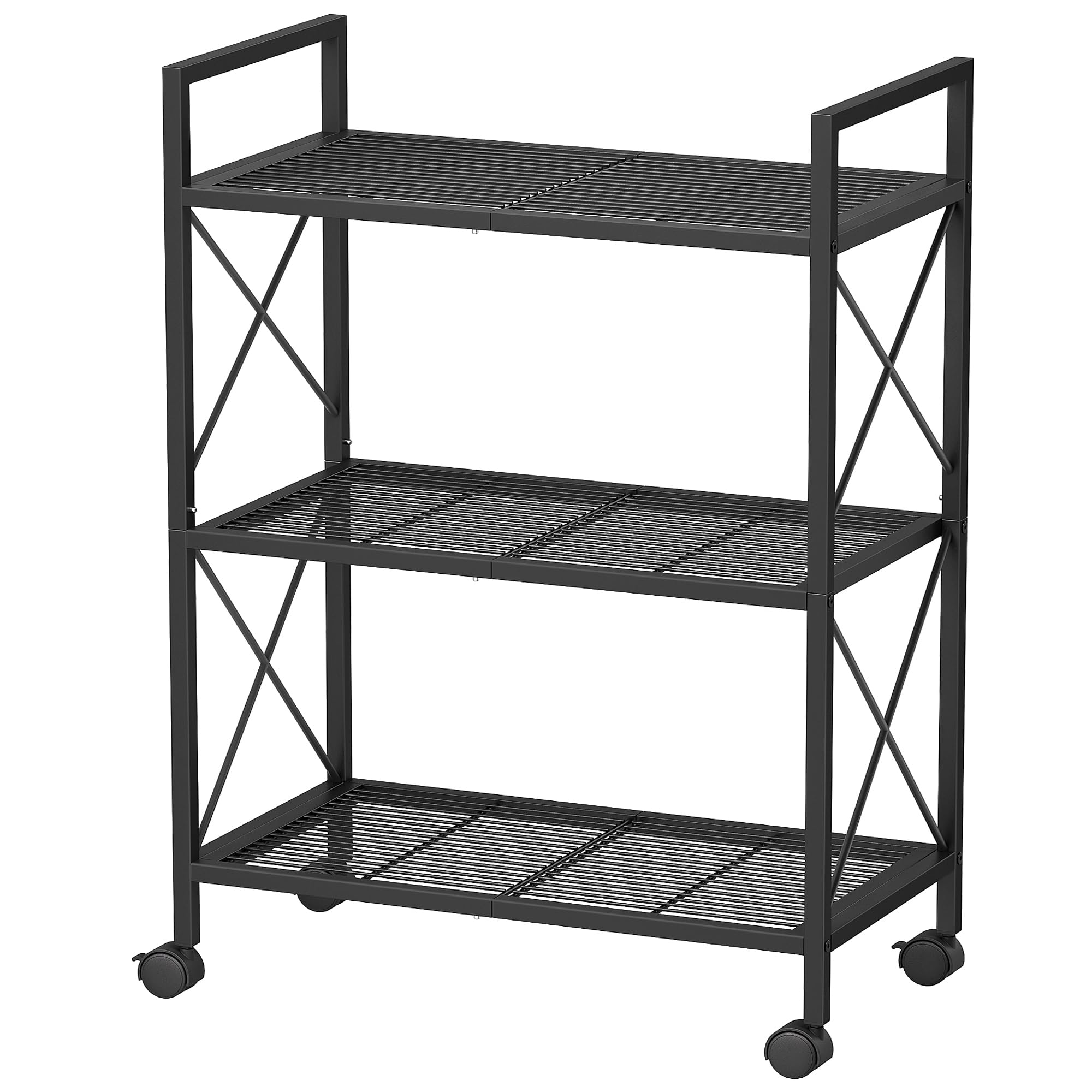 SONGMICS 3-Tier Metal Storage Rack with Wheels, Mesh Shelving Unit with X Side Frames, 23.6-Inch Width, for Entryway, Kitchen, Living Room, Bathroom, Industrial Style, Black UBSC163B01 Image