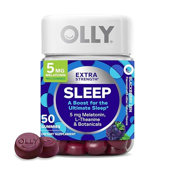 OLLY EXTRA STRENGTH SLEEP GUMMY, 5 MG MELATONIN, L-THEANINE, CHAMOMILE, LEMON BALM, SLEEP AID, BLACKBERRY – 50 COUNT