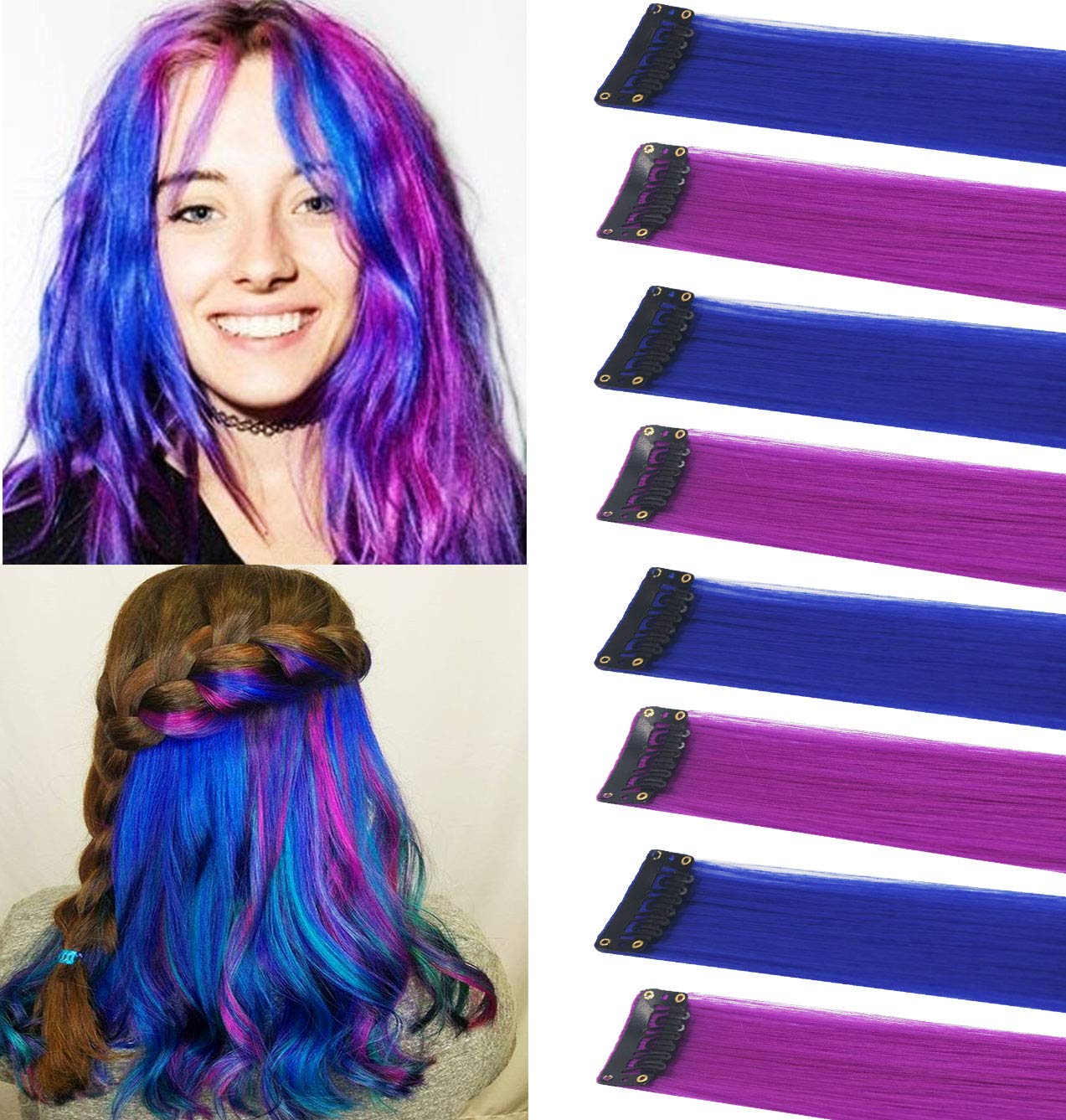 MOSCSMDY 8Pcs Colored Hair Extensions Clip 20 Inch Colorful in Hair Extensions Straight Synthetic Hairpieces for Cosplay Fashion Party Hair Accessories (Blue Purple)