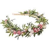 KorViSHOW Fairy Pink Flower Crown, Artificial Boho Rose Floral Headpiece, Adjustable Forest Woodland Flower Headbands for Women Girls Maternity Wedding Renaissance Festival Party Hair Accessory