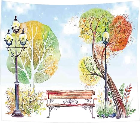 Amazon Co Jp 灯籠自然風景タペストリー カラフルな秋の木々装飾的な青い空通りランプの公園の木製ベンチランタン 装飾品 おしゃれ 多機能壁掛け 写真 部屋 窓カーテン 店 誕生日 プレゼント 祝い 布 0ｘ150cm ホーム キッチン
