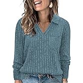 VISLILY Womens-Plus-Size-Tops Collared V Neck Polo Shirts Lightweight Long Sleeve Sweaters Trendy Pocket Decor Tunic Blouses