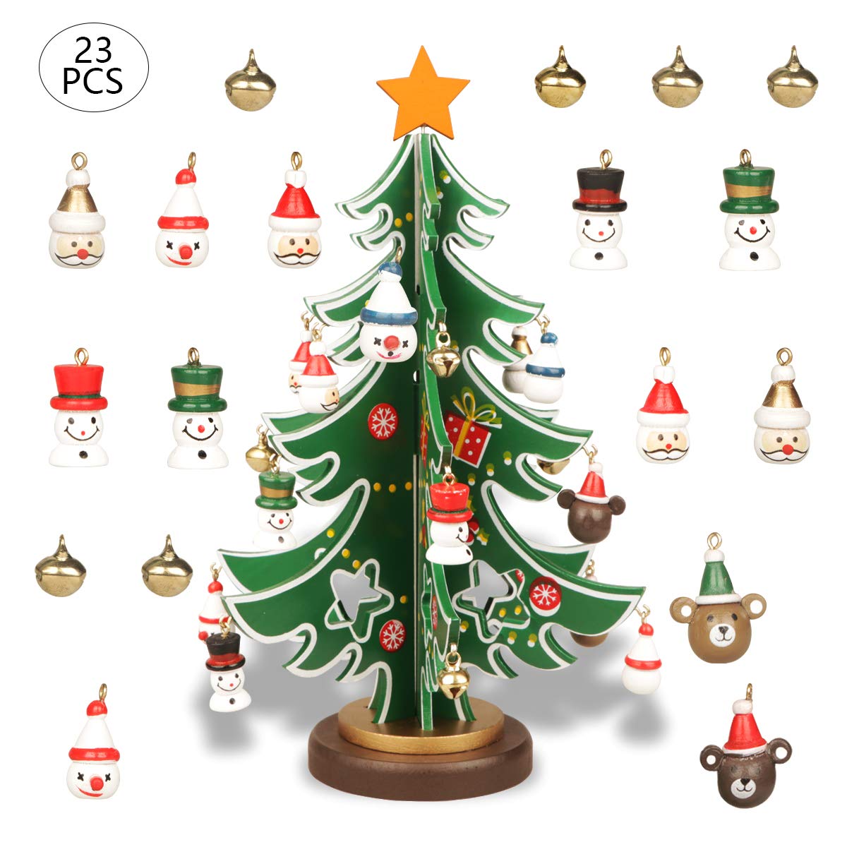 YiYa Mini Wooden Tabletop Christmas Tree Toy Set with 18 Mini Ornaments and 1 Star Treetop for Tabletop Decor