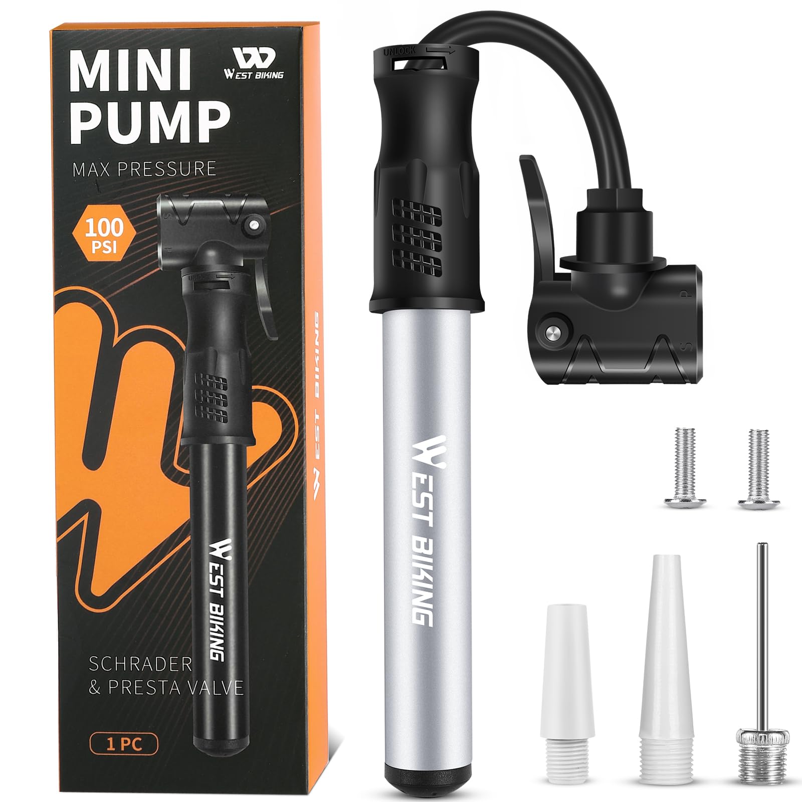 Photo 1 of Bicycle Pump Mini Bike Pump - Aluminum Alloy Cycle Pump for Presta & Schrader Valve, Portable Lightweight Bike Tyre Pump Fast Tyre Inflation Mini Air Pump for Mountain Road Bike Ball Pumps (Silver)