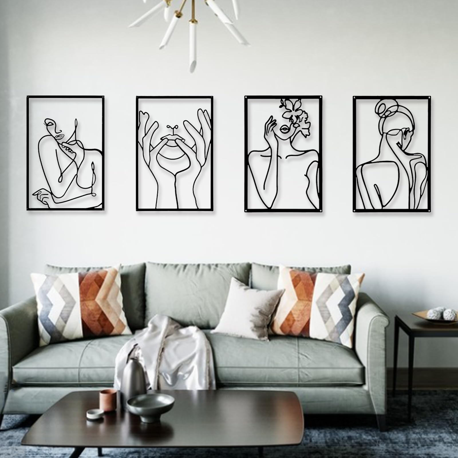 Aisny Minimalist Abstract Women Wall Art, 4 Pieces Line Drawing, Metal Wall Art Decor Female Single Line Woman Line Drawings for Hanging for Kitchen, Bathroom, Living Room (Black)