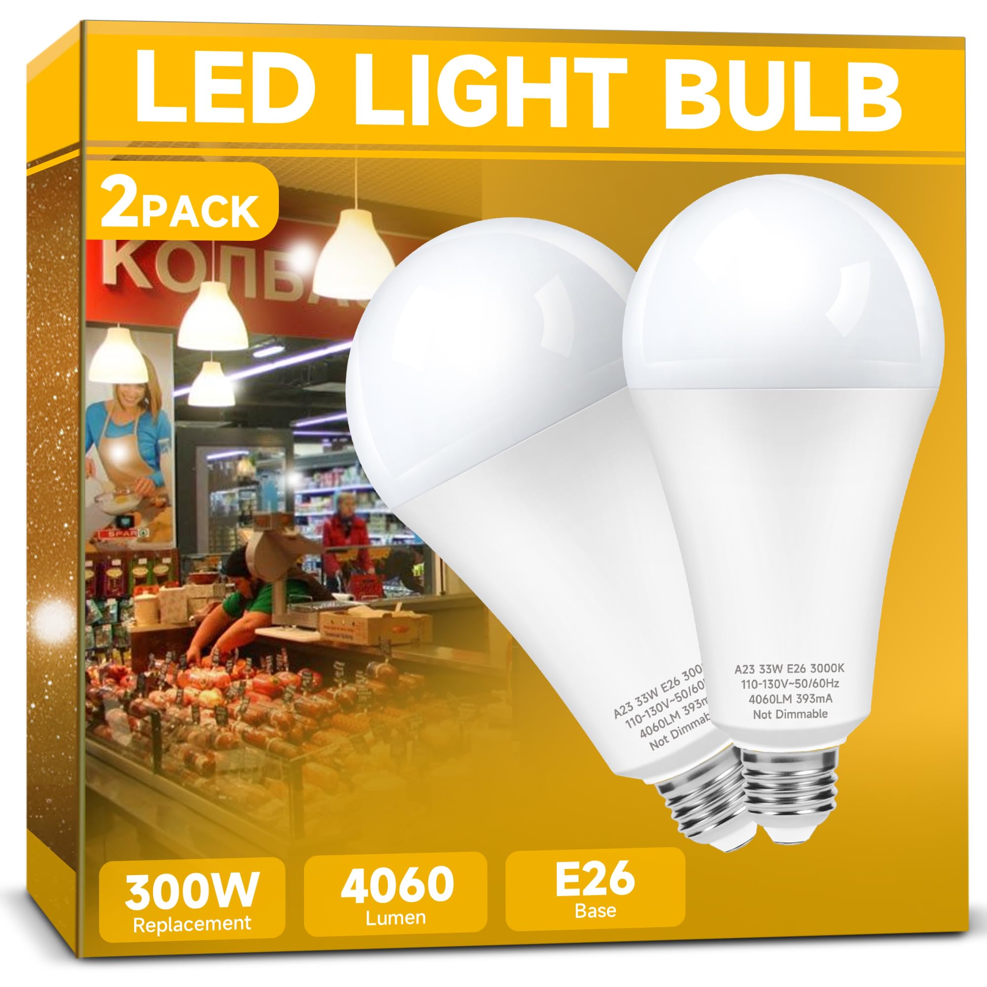 Photo 1 of Prosperbiz 300W Equivalent LED Light Bulb, Super Bright 4060 Lumen Warm White 3000K, A23 E26 Medium Base 33 Watt LED Bulb for Garage Warehouse Workshop Backyard Patio Street Supermarket, 2-Pack