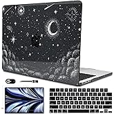 LCMOCICO for 2022 2023 2024 2025 MacBook Air 13.6 inch Case M4 A3240 M3 A3113 M2 A2681 Cover, Glitter Black Printed Pattern Plastic Hard Shell Case Keyboard Cover for Mac Air 13.6 2025, Stars & Moon