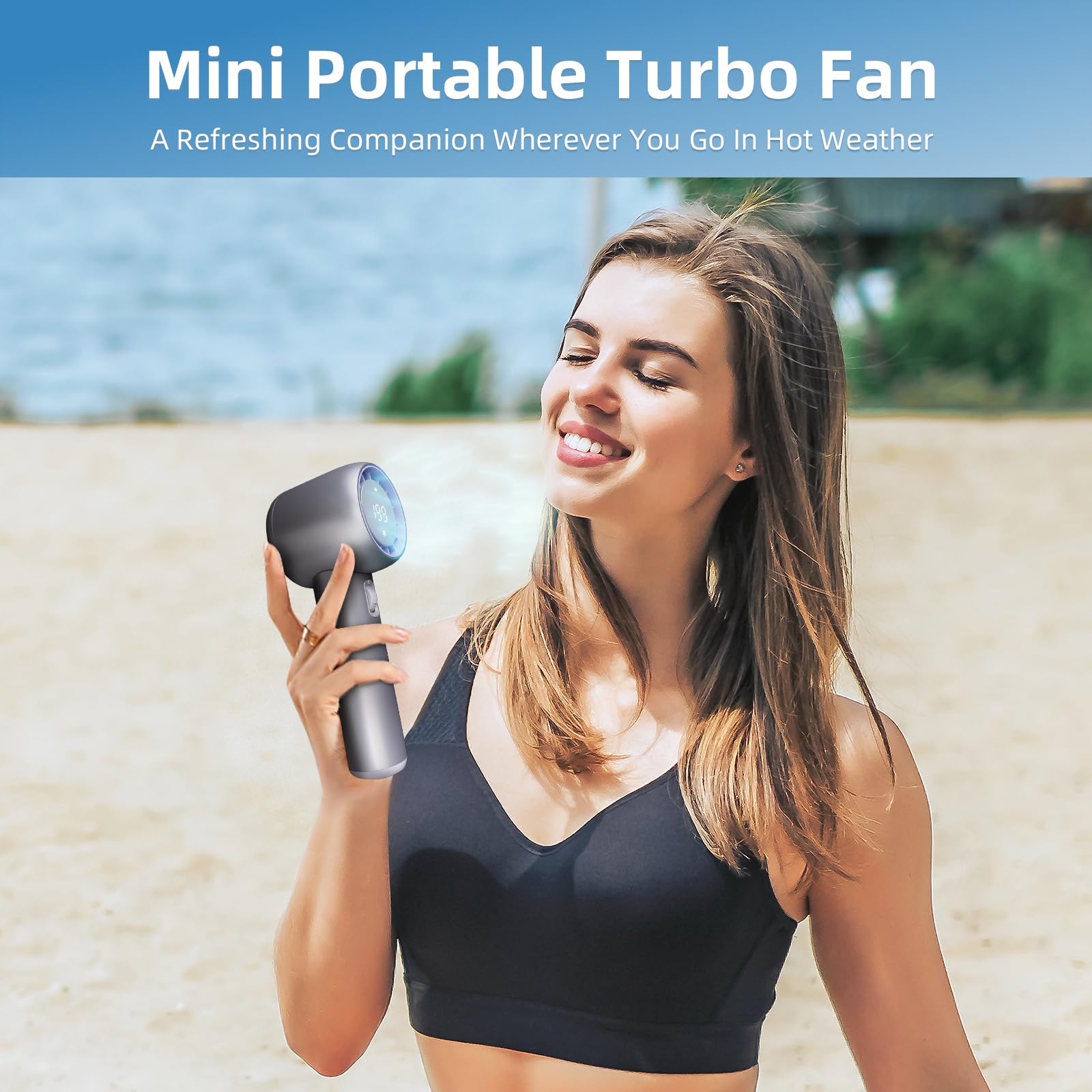 Accevo Portable Handheld Fan, Speed(1-199) 5000mAh Battery Rechargeable Personal Fan, 15H Max Cooling Time, Digital Display, Small Pocket Fans for Women Men Travel/Outdoor/Camping