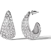 Jessica Simpson Silver Crystal Hoop Earrings for Women – Chunky Teardrop Pavé Rhinestone Statement Hoops – Sparkling Fashion Jewelry