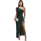 Zeflows Womens Sequin One Shoulder Sleeveless Wedding Guest Dresses High Split Sparkly Glitter Gowns Bodycon Maxi Dresses