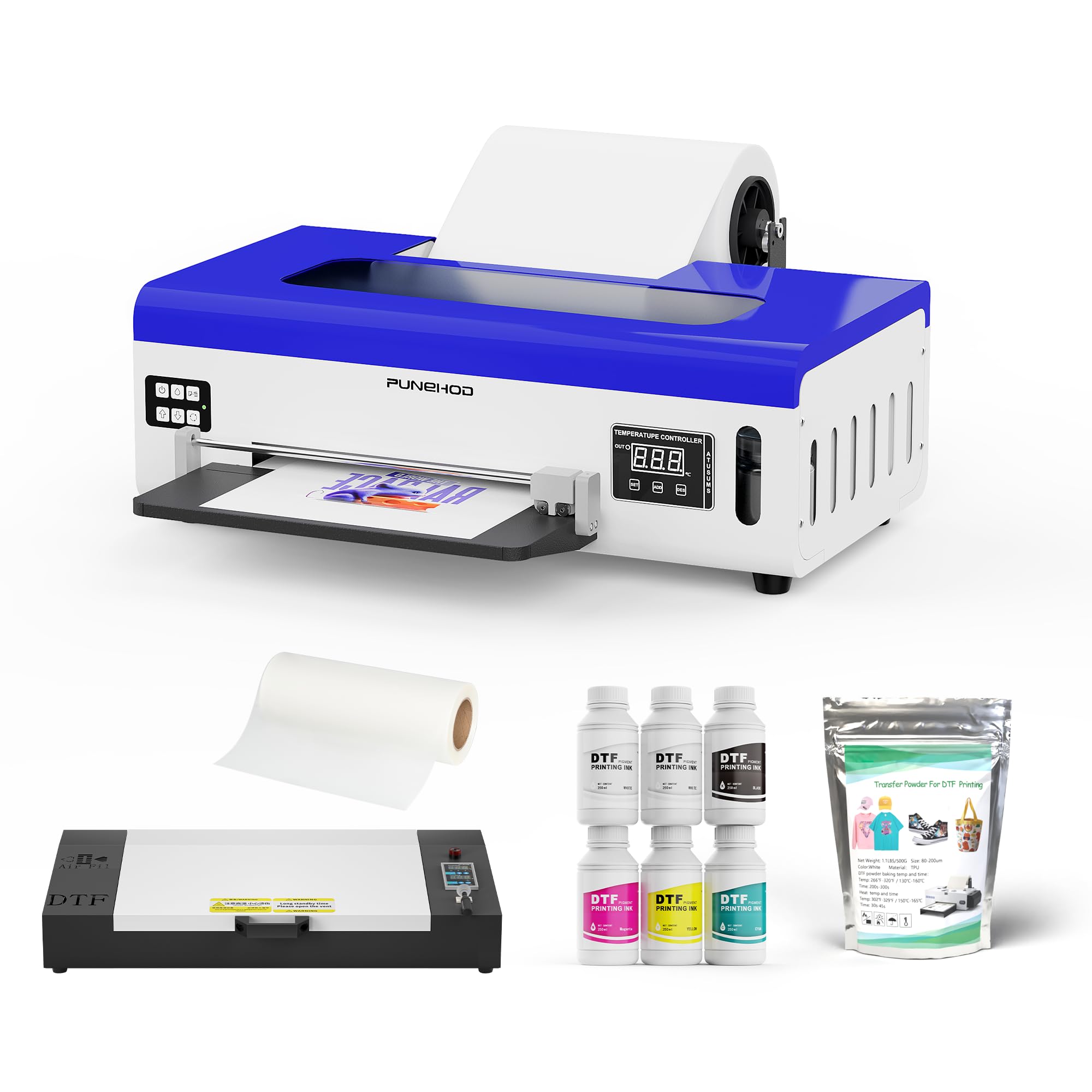 Photo 1 of PUNEHOD A4 DTF Printer, Direct to Film Printer with White Ink Circulation System and Roll Feeder, Transfer Printing Machine for DIY Print T-Shirt and Fabrics (Printer+Oven+6*250ml Ink+100m Roll Film)