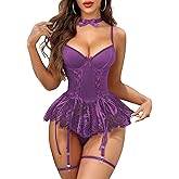 Mixxmix Women Sexy Lingerie Set Naughty Lace Up Corset Bodysuit Underwire Lingerie Babydoll With Garter Belt and Bow Tie
