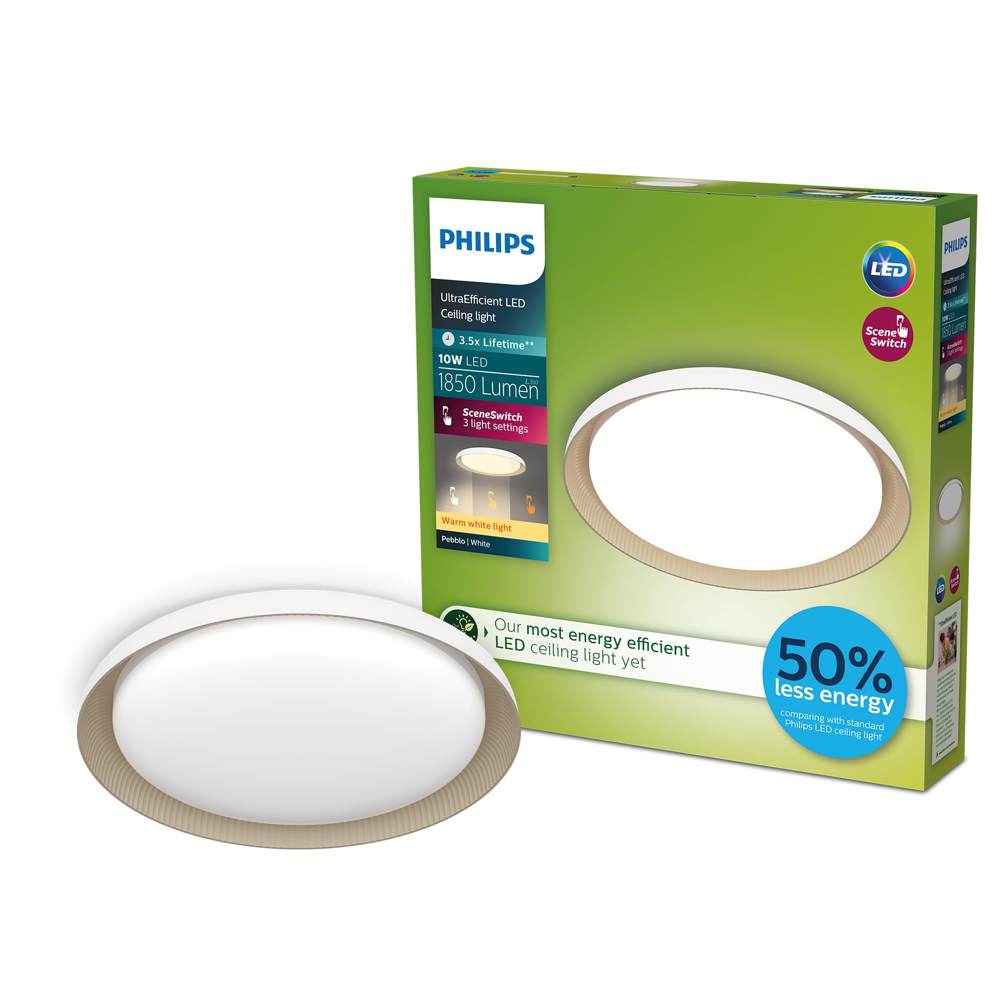 Philips Pebblo UltraEfficient Ceiling, SceneSwitch, White, 10W, 1850Lm, 2700K, IP20