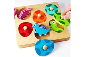 EDUJOY Wooden Puzzles for Toddlers 1-3, Montessori Toys for 1 2 Year Old Boy Girl Birthday Easter Gifts, Dinosaur Match Eggs Peg Puzzles, Preschool Learning Toys for Toddlers Age 1-2