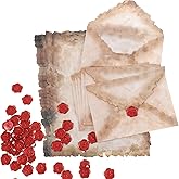 Humyoun 50 Set Vintage Paper and Envelopes with Wax Labels Antique Letter Writing Stationery Aged Deckle Edge Paper and Envelopes for Writers Wedding Greeting Invitations Crafts Party Supplies