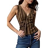 winkbay Women's V Neck Tanks Vintage Adjustable Sleeveless Tie Waist Fitted Causal Blouses