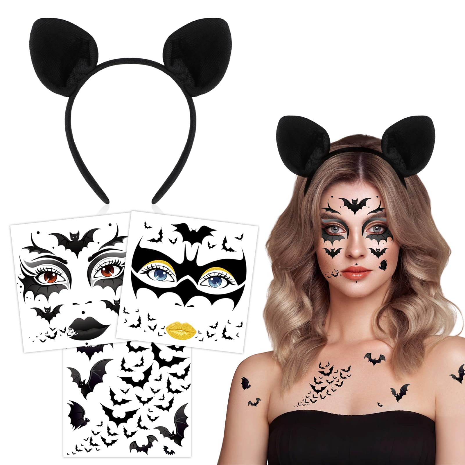 HOWAF Bat Headband & Halloween Face Tattoos Stickers, Bat Ears Headband for Hair Accessories, Carnival Halloween Costumes Women Men, B — image 1