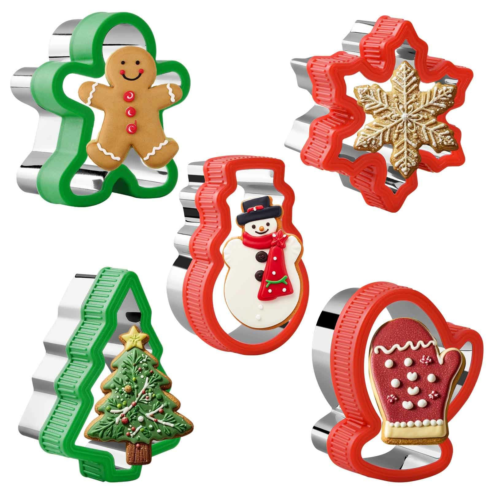 Christmas Cookie Cutters Set - 5 Piece Holiday Biscuit Cutters with Comfort Grip for Xmas Party Supplies/Favors - Including Snowflakes, Glove, Christmas Tree, Snowman, Gingerbread Man (Christmas)