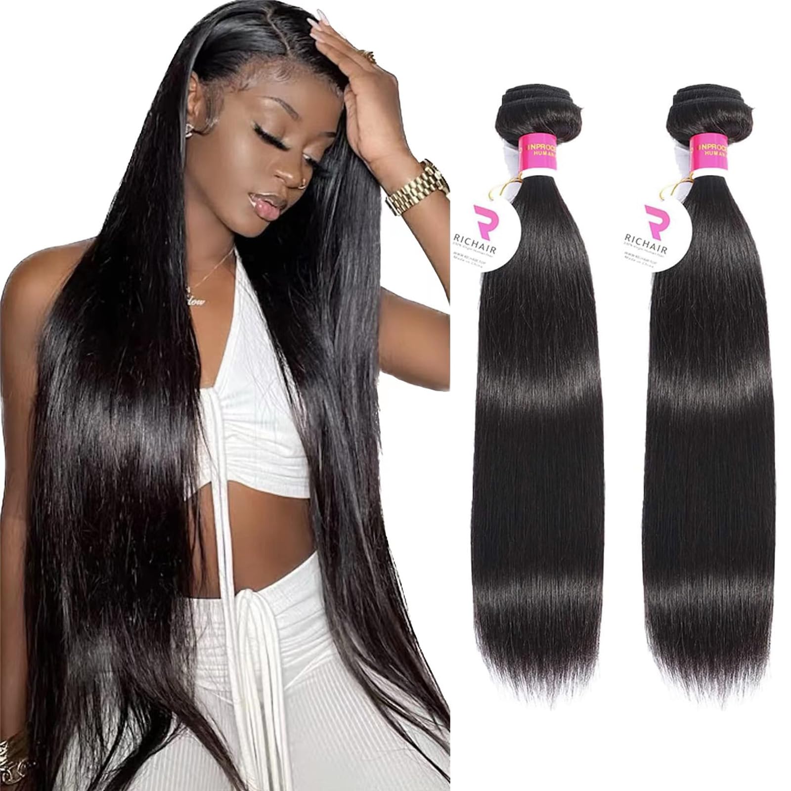 Straight Hair 2 Bundles, 50g/Bundle(100g Total), Brazilian Human Hair Bundles 100% Unprocessed Virgin Hair Straight Weave Bundles Human Hair 28 28 Inches โ image 1