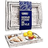 Comfify Serving Trays Set of 3 - Ottoman Wood Trays for Entertainment, Food and Decor - Rustic Farmhouse Distressed Wood Finish - Rustic White