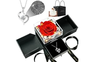 CDCO Birthday Gifts for Women, Preserved Real Roses with Heart Necklace I Love You in 100 Languages, Romantic Anniversary Wedding Christmas Gifts for Women Her Girlfriend Wife, Forever Roses Necklace Gift Box Red