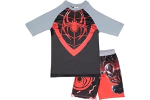 Marvel Boys Avengers, Spiderman, Black Panther, Captain America, Miles Morales 2-Piece Swimsuit Set, Rash Guard & Swim Trunks