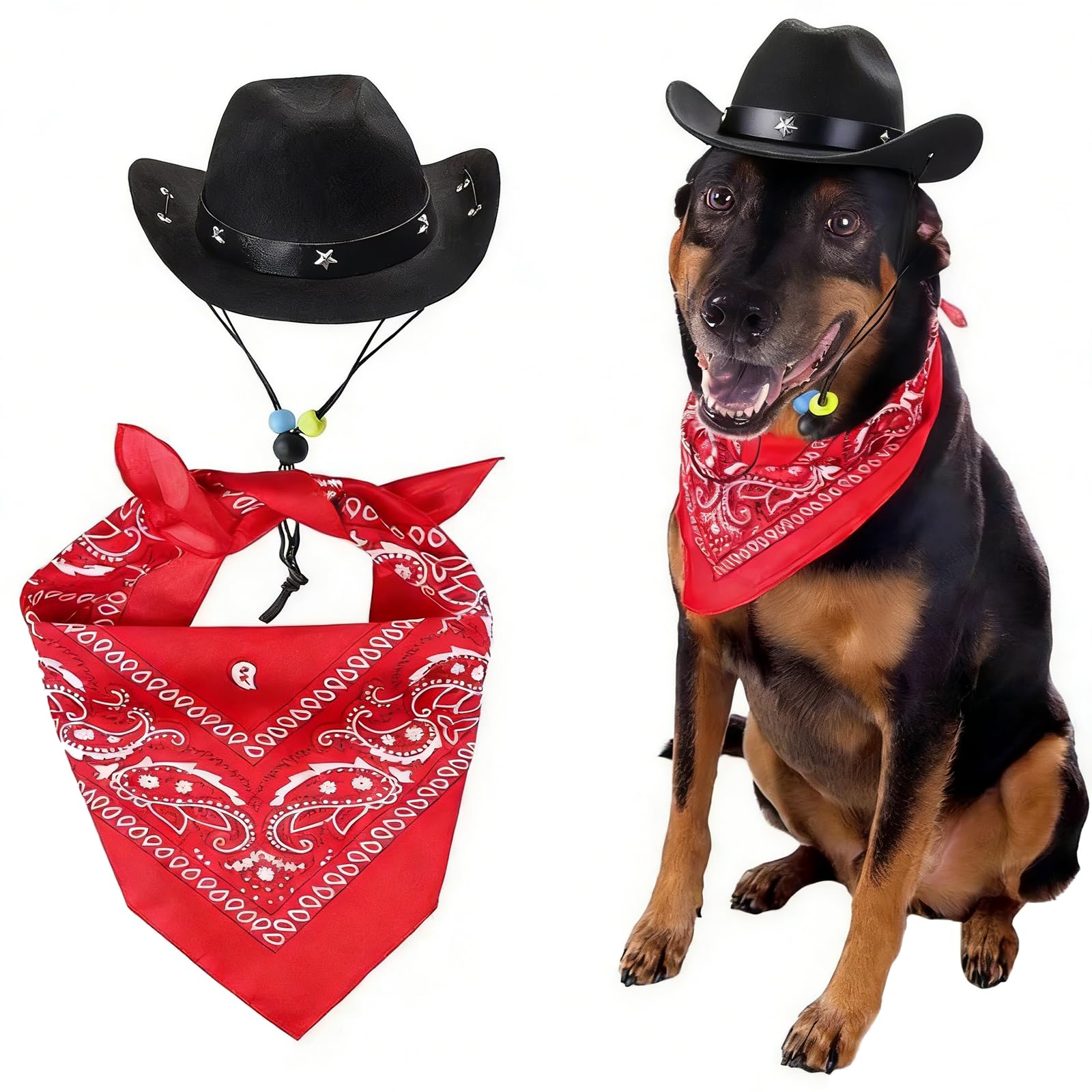 Ling & Bai 2Pcs Dog Cowboy Hat Costume Pet Cap and Bandana Scarf Cosplay West Decoration Accessories for Party Halloween Festival (Black)