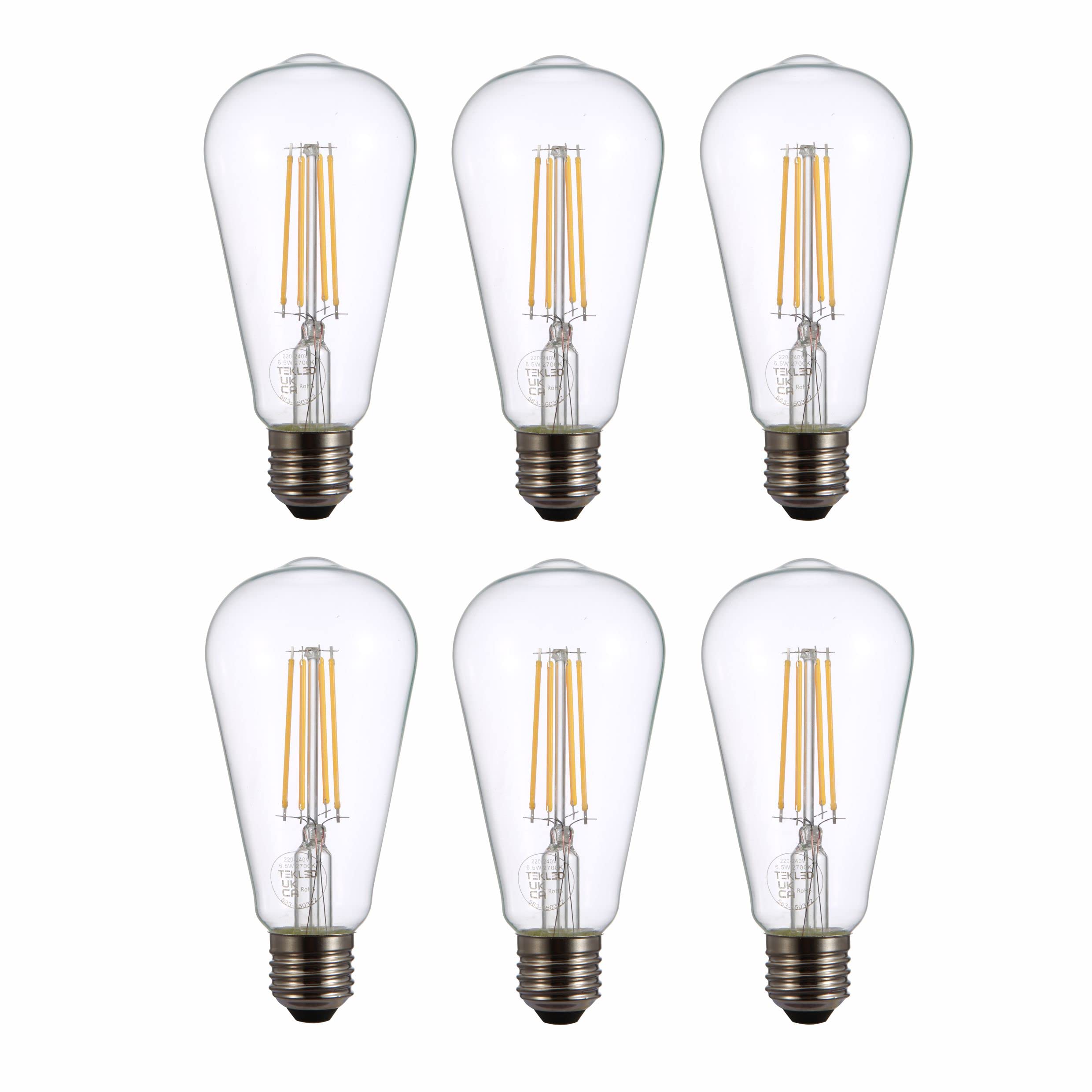 TEKLED® ST64 Filament Vintage LED Bulbs | E27 Edison Screw | Energy Saving 6.5W Light Bulb 60W Equivalent | NONDIMMABLE Clear 2700K 806LM | 6-Pack | Warm White