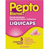 Pepto Bismol Liquicaps, Upset Stomach Relief, Nausea Relief, Heartburn Relief, Indigestion Relief, Anti Diarrhea Medication for Adults - 5 Symptom Fast Relief, No Flavor, 48 ct