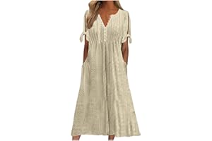 HUNENY Summer Dresses for Women Casual Loose V Neck Button Down Sun Dress Soft Elegant Short Sleeve Midi Dress with Pocket