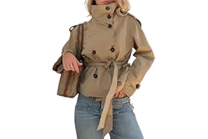 Gorilley Women's Cropped Trench Coat Double Breasted Short Jacket High Collar Fall Winter Coats Trendy Outfit with Belt Khaki
