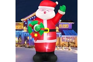 MICOCAH 8 FT Huge Christmas Inflatables Santa Claus Holding Garland Outdoor Decorations, Build in LEDs & Tethers Stakes Giant Inflatable Santa Blow Up Yard Decor for Holiday Xmas Indoor Patio Lawn