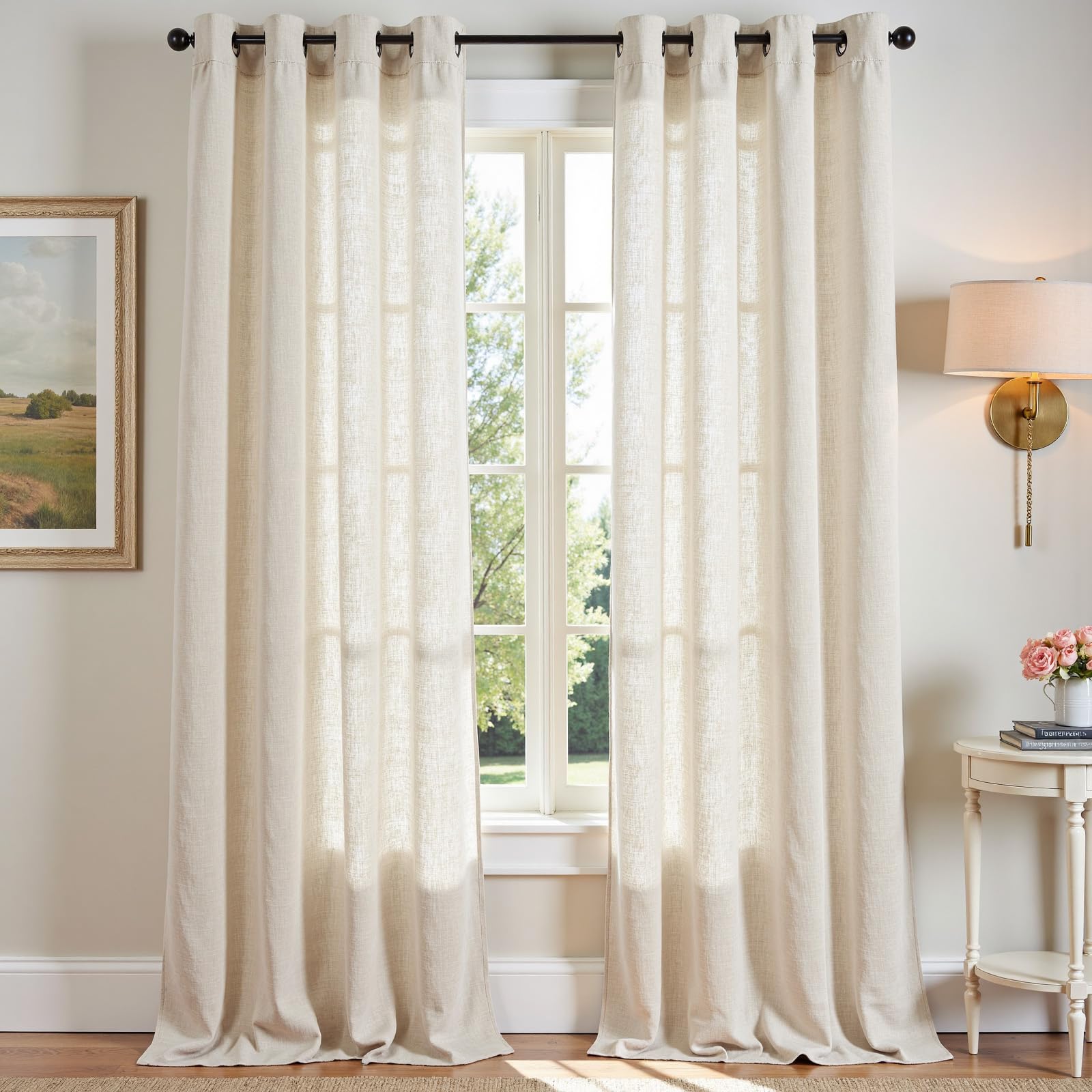 Photo 1 of JINCHAN Linen Curtains for Living Room Beige Grommet Top Window Treatment Set for Bedroom 2 Panels 96 inches Long Crude