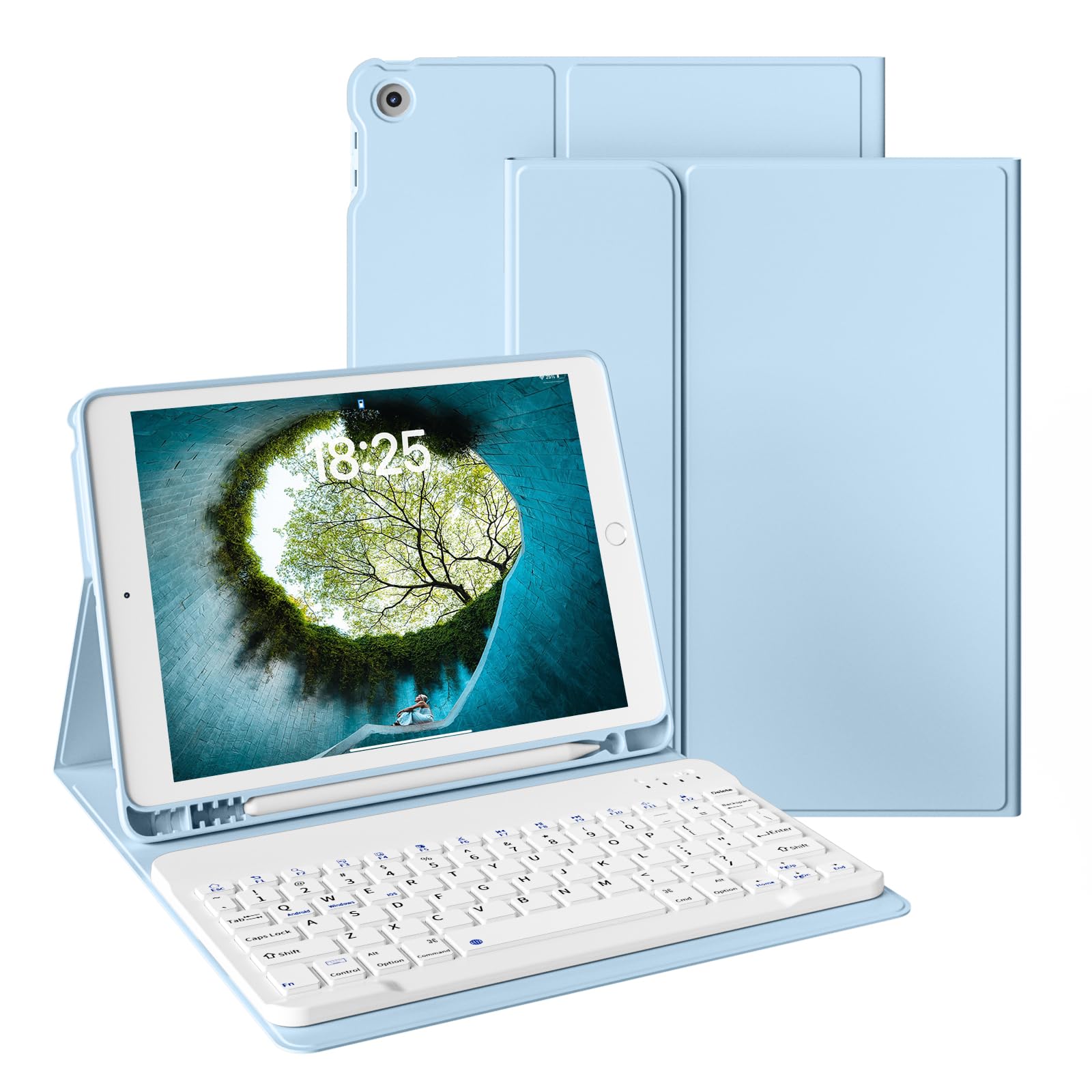 zoyu Keyboard Case for iPad 9th/8th/7th Generation (2021/2020/2019) 10.2-inch with Pencil Holder, Slim Stand Cover Soft TPU Back, Magnetically Detachable Wireless Keyboard, Light Blue