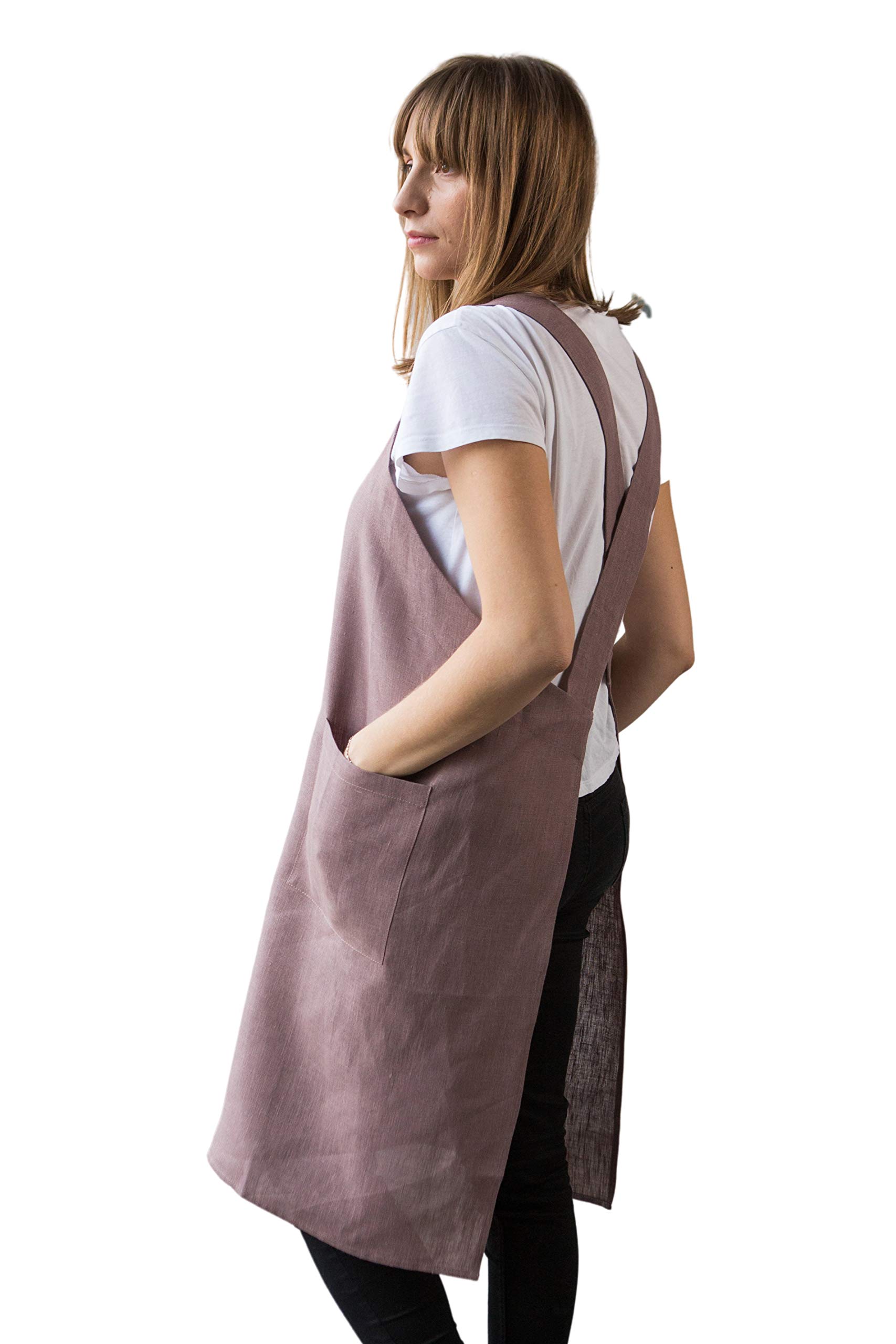Bunny Street The Prancing Hare 100% Linen Pinafore Apron – No-Tie Japanese Smock with Pockets (Dusty Plum)
