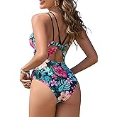 ZAFUL Women's One Piece Swimsuit Tummy Control Slimming Swimwear Floral Double-Strap Back Cut Out Bathing Suit