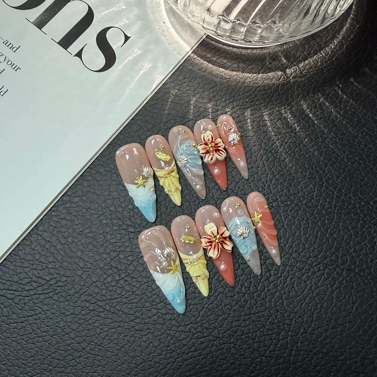 Photo 1 of 10pcs Handmade Press on Nails Long Stiletto False Nails Blue Fake Nails with 3D Flower Designs Sparkly beach Charm luxury Summer Artificial Nails for Women (Size M?