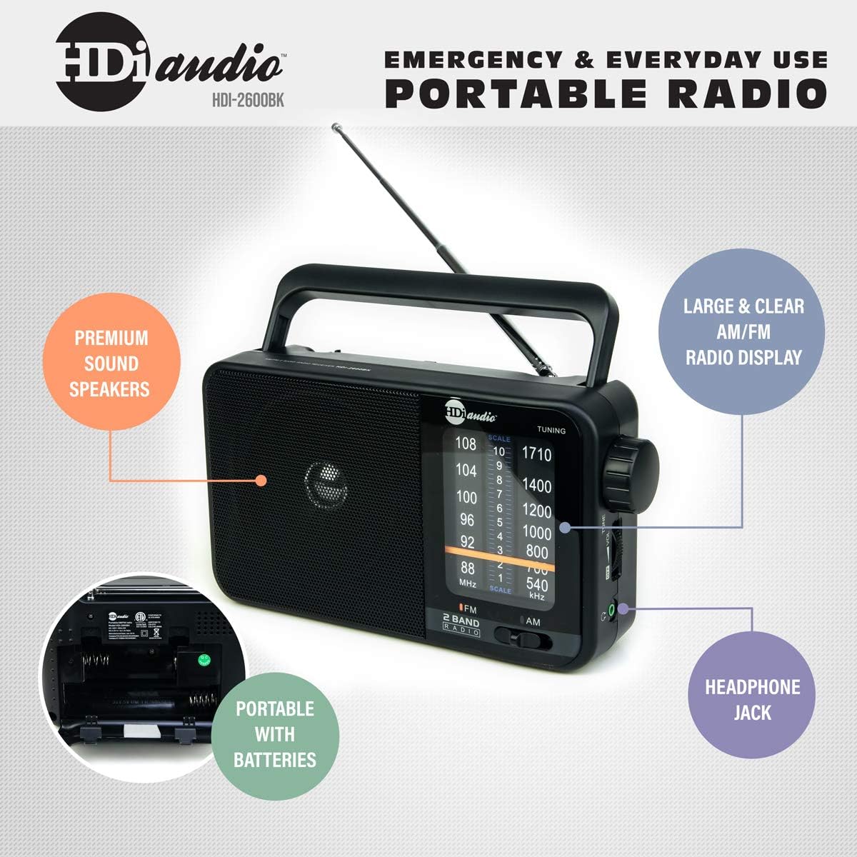 HDi Audio Home Portable Premium Retro AM/FM Analog Radio Player + Headphone Jack + Built in Speaker Rugged | Large Tuning Knob | Best Reception (Black): Home Audio & Theater