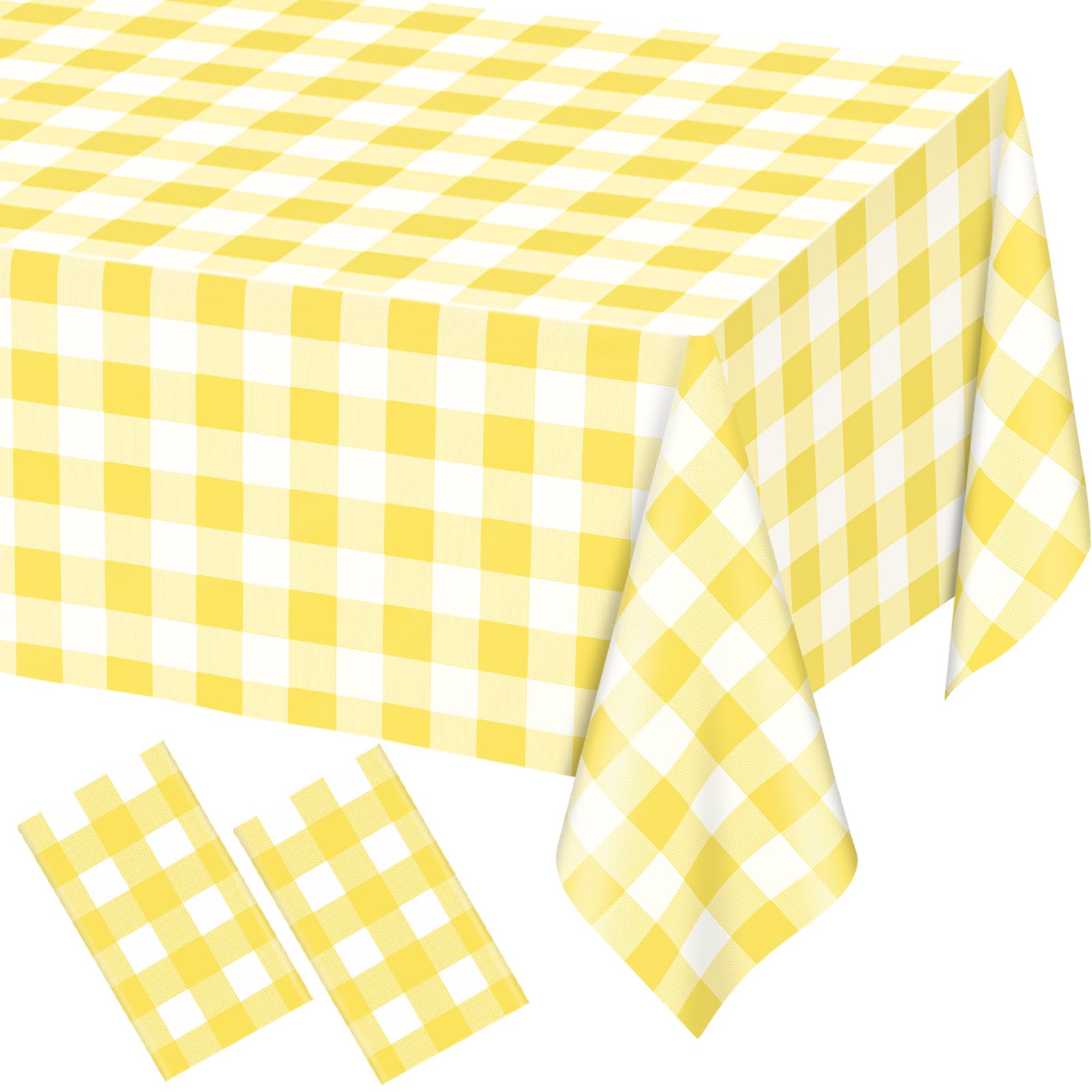 Photo 1 of WNINK 2 Pack Light Yellow Gingham Rectangular Plastic Tablecloths, Yellow and White Checkered Disposable Table Covers 54" x 108" for Birthday, Wedding, Bridal Shower, Outdoor Picnic Camping Parties